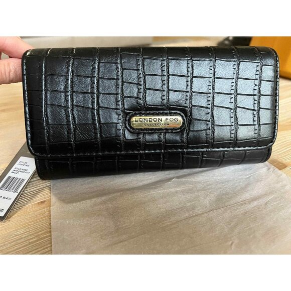 LONDON FOG LARA CROCO FLAP WALLET NWT - BLACK - Picture 1 of 5